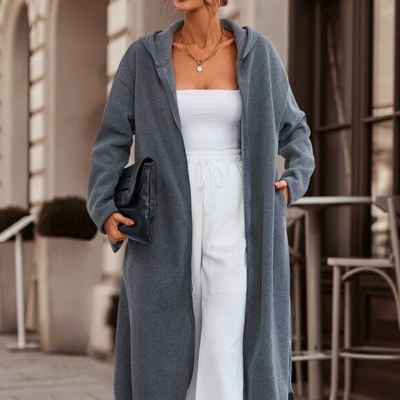 Dark Grey Casual Womens Drop Shoulder Drawstring Hem Zip Up Hoodie - Picture 2 of 7